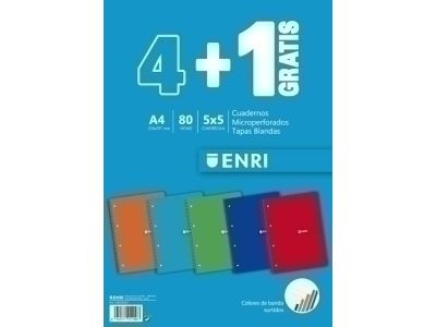 Cuaderno espiral microperferforado A4 80h 60g 5x5 tapa blanda enri pack de 5 colores surtidos