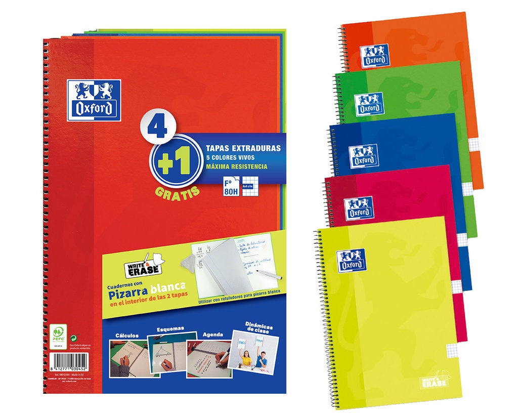 Cuaderno espiral Fº 90grs. 80h. 4x4 pack de 5 colores + pizzara blanca Oxford