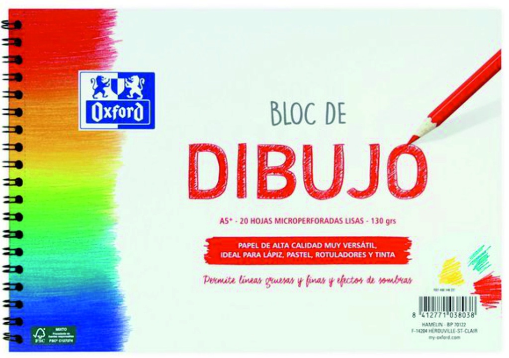 Bloc de dibujo espiral Oxford A5+ 20h. Lisas 130g.