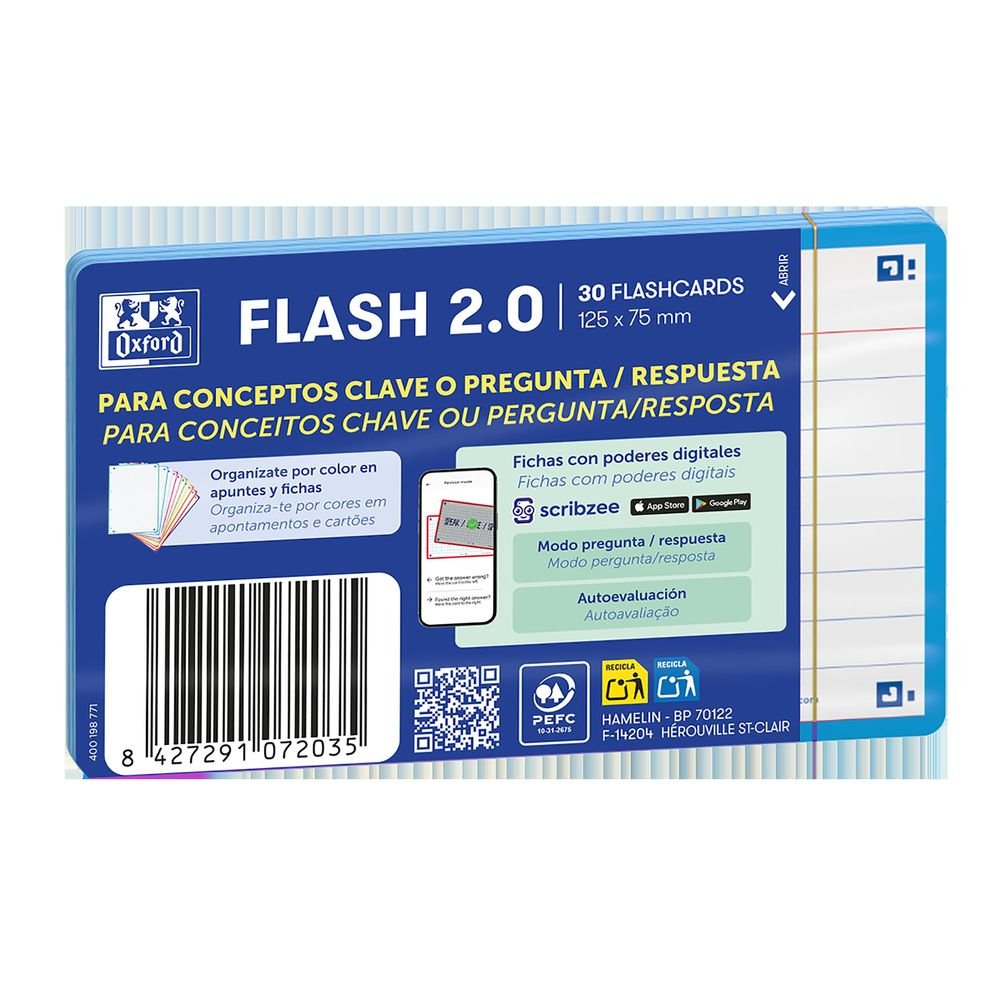 FLASHCARDS RAYADAS 2.0 75X125 30F TURQUESA OXFORD