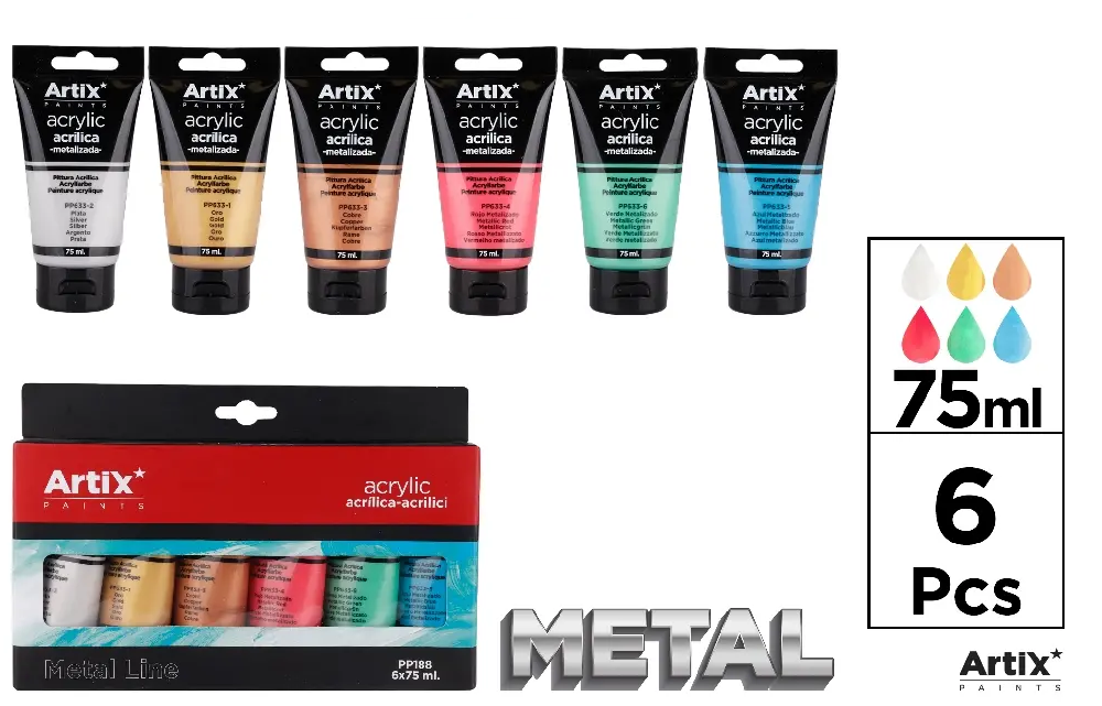 Pintura acrilica 6 tubos 75 ml Metalizada-Artix